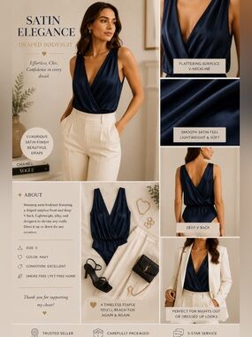 Zara Navy Satin Surplice Bodysuit